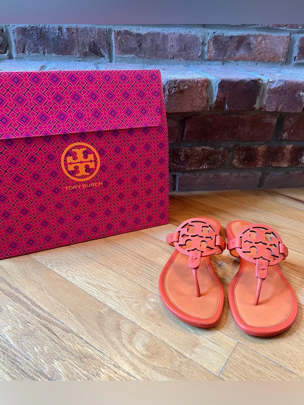Tory Burch Orange Two-Toned Tumbled Leather Miller Sandals